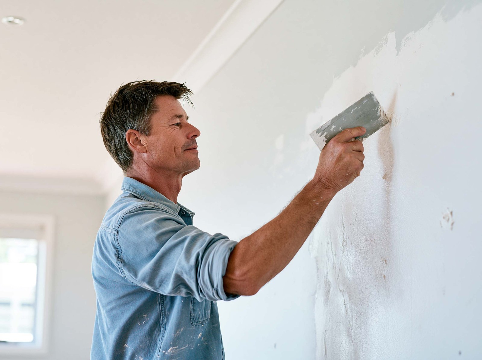 A drywall worker smoothing joint compound on an interior wall.