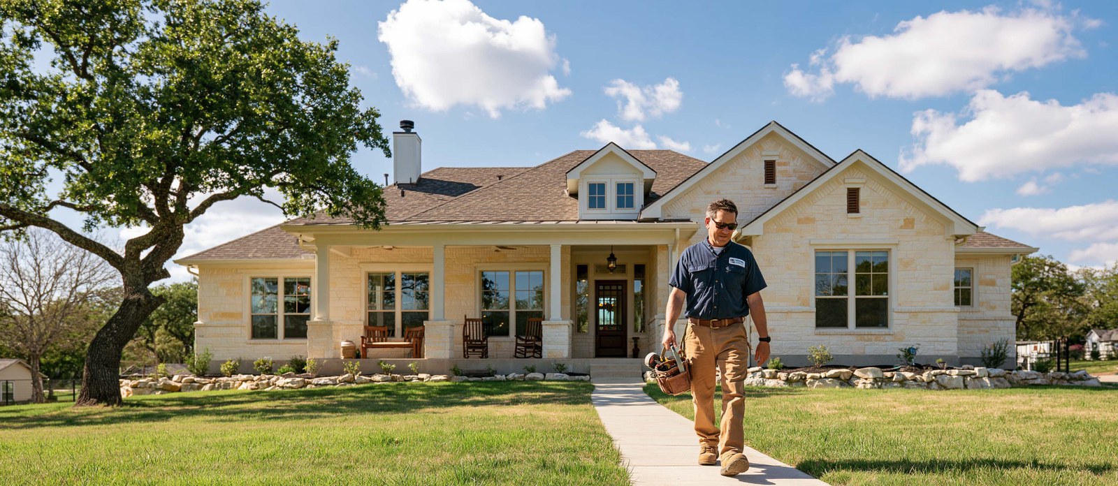 A contractor carrying a tool bag outside a limestone home.