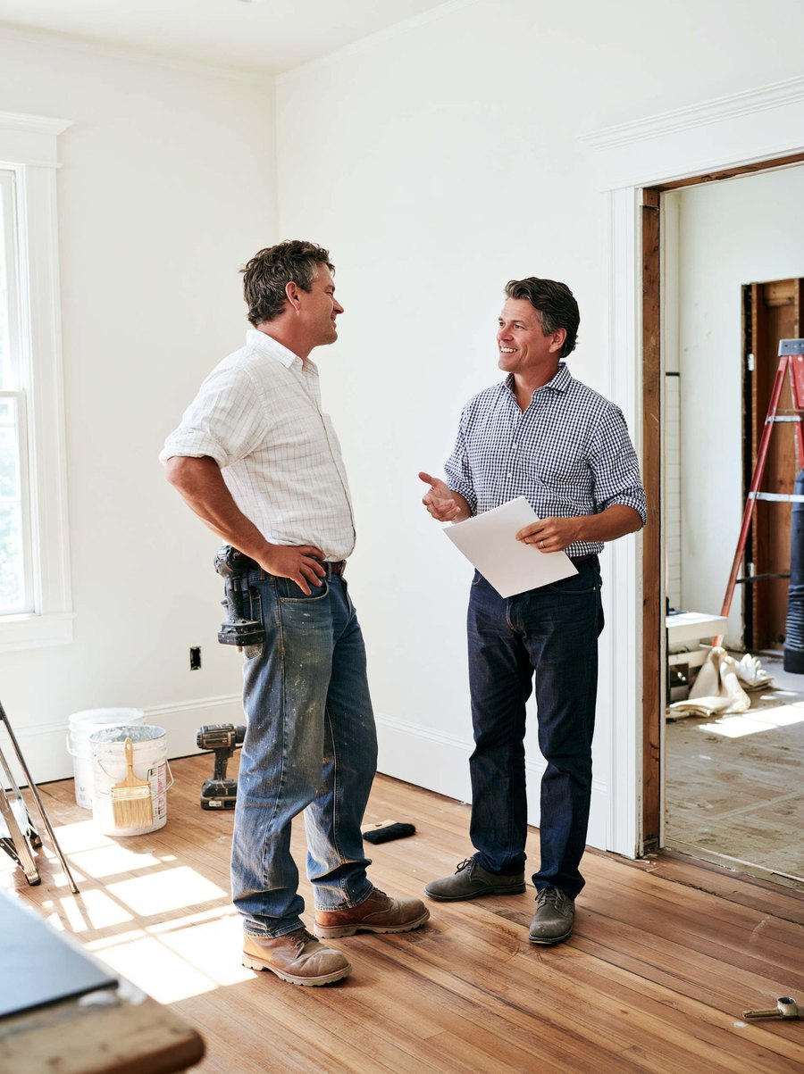 Two people reviewing paperwork inside a room undergoing renovation.