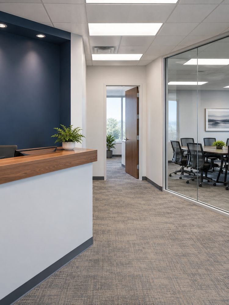 Commercial office drywall with a navy reception wall, glass meeting room and suspended tile ceiling.