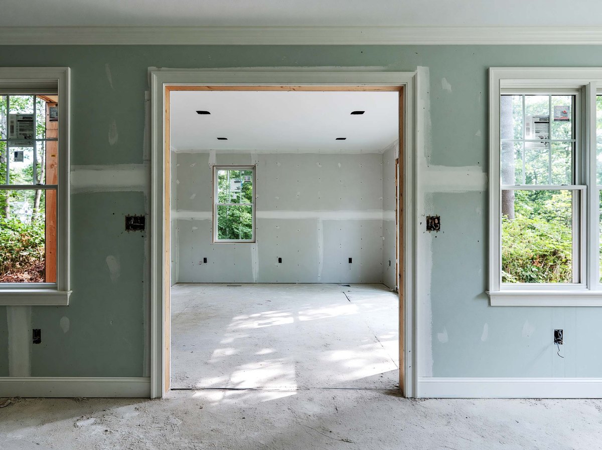 Newly hung drywall around doorways and windows in adjoining rooms.