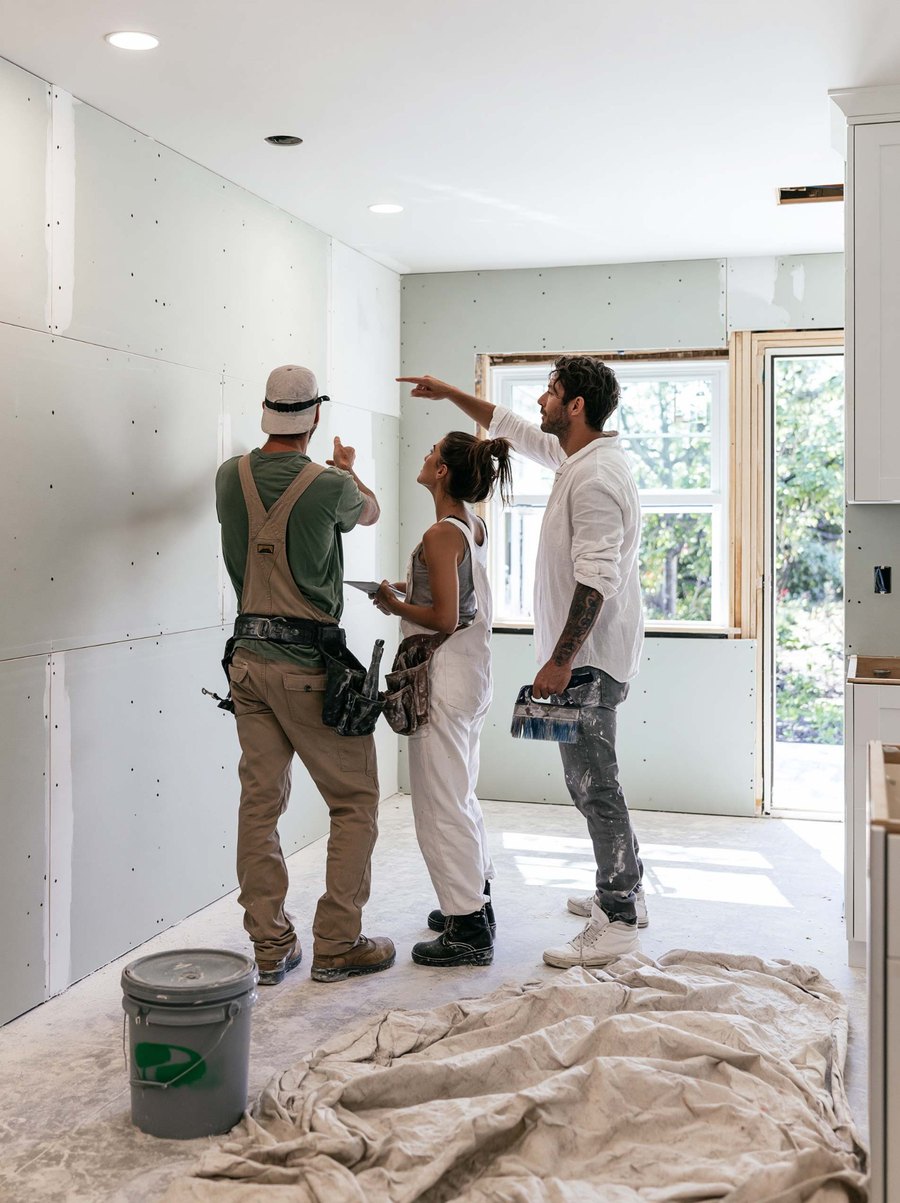 Three people discussing newly installed drywall in a room under renovation.
