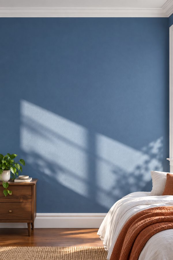 Sunlight across a finished blue bedroom wall with white trim and rust-colored bedding.