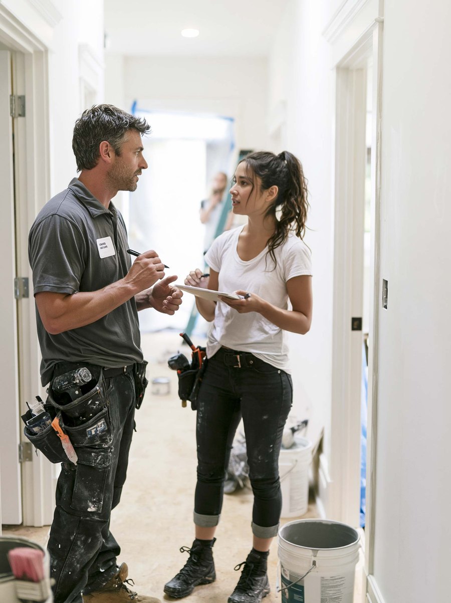 Two people discussing drywall work with a clipboard in a hallway.