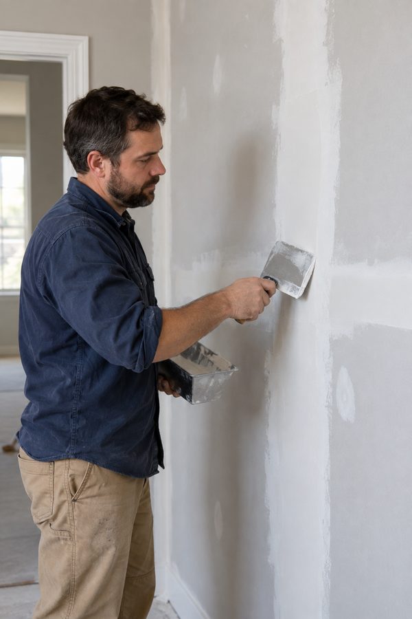 Drywall finisher smoothing joint compound with a finishing knife while holding a mud pan.