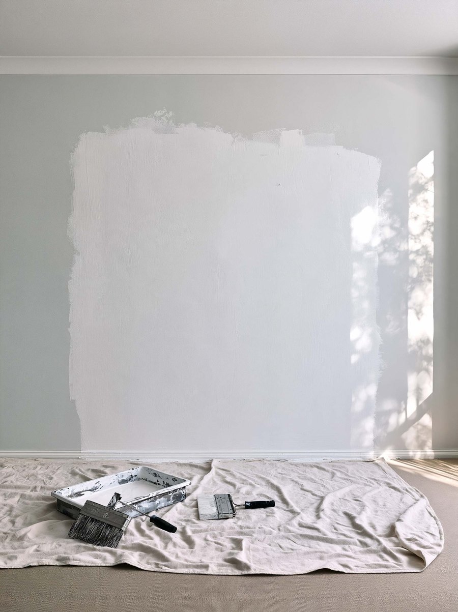 A broad drywall patch above finishing tools on a protected floor.