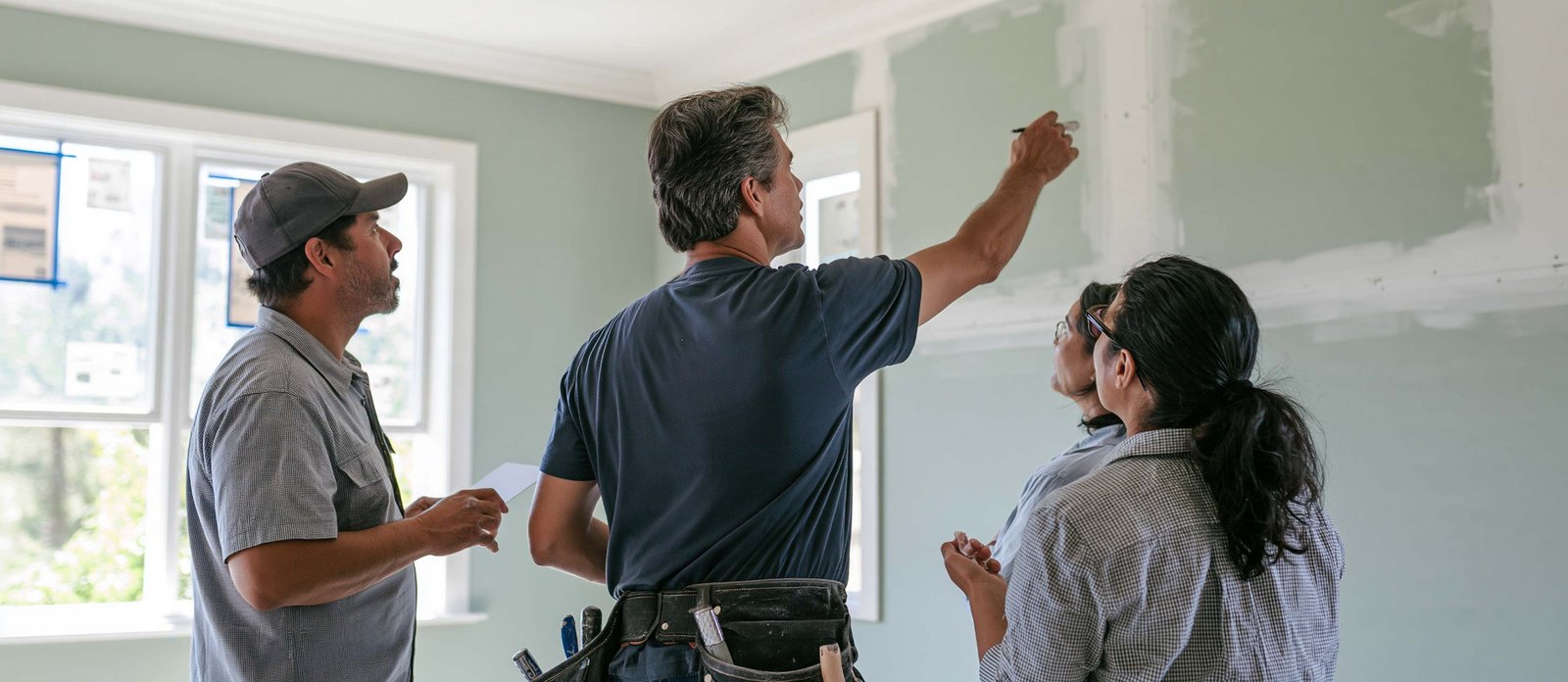 Three people discussing taped drywall seams in a room under renovation.