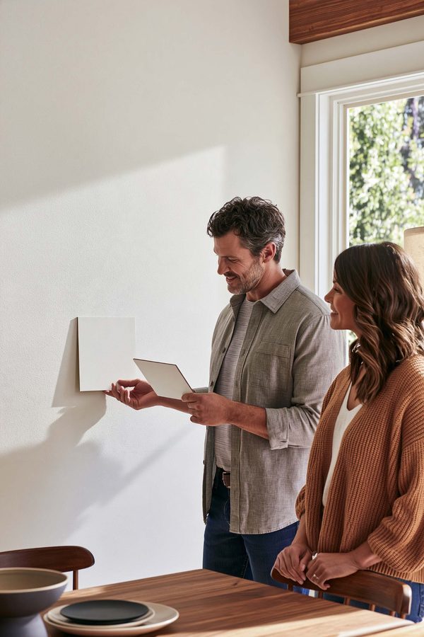 Two adults comparing sample boards against a textured off-white wall.