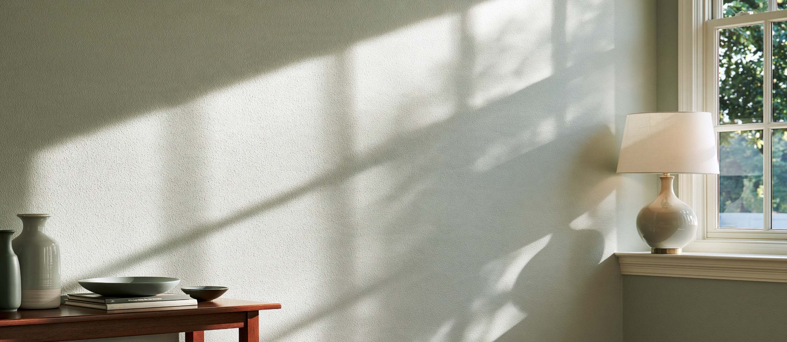 Daylight falling across a textured wall beside a window and table lamp.