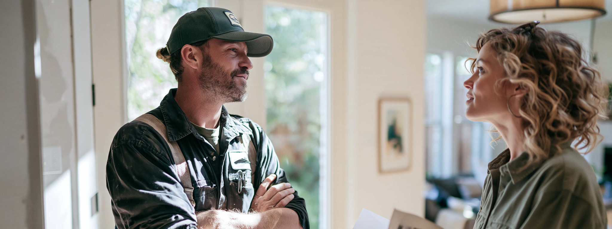 A contractor and homeowner talking about work inside a home.