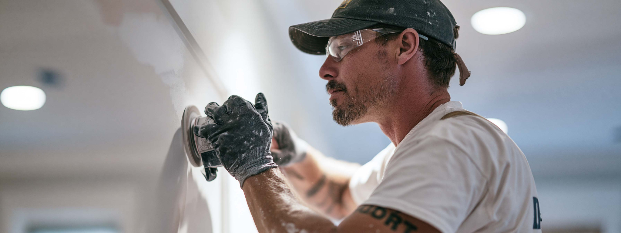 A worker smoothing a drywall wall with a hand tool.