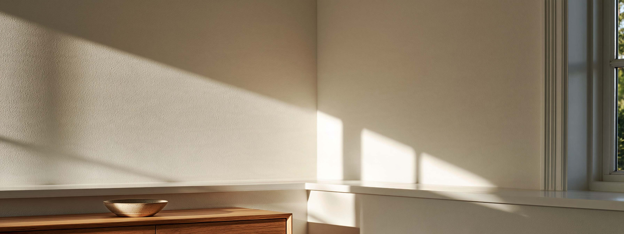 Sunlight across a textured wall and inside corner beside a window.