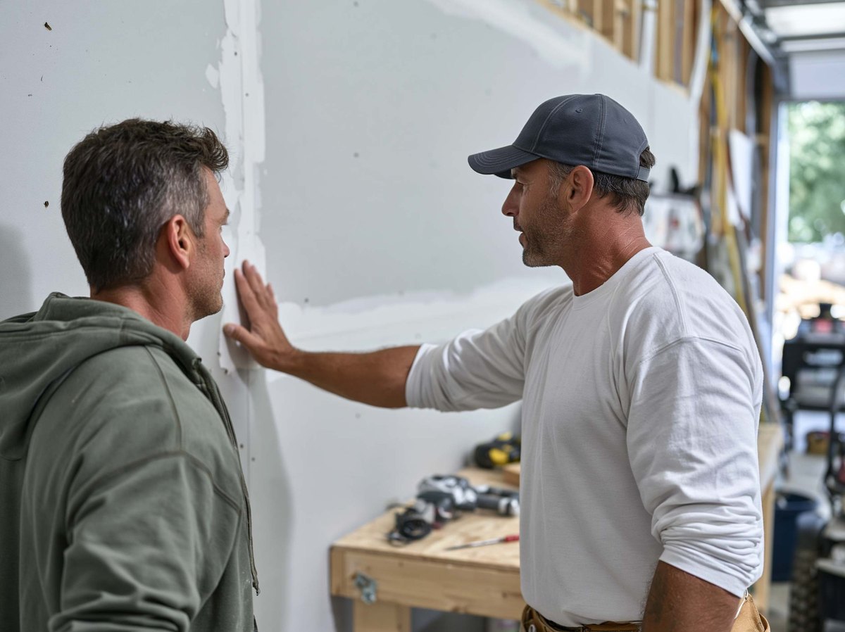 Two people inspecting drywall joints along a garage wall.