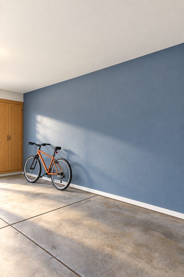 Finished blue-gray garage drywall beside an orange bicycle and oak storage cabinet.
