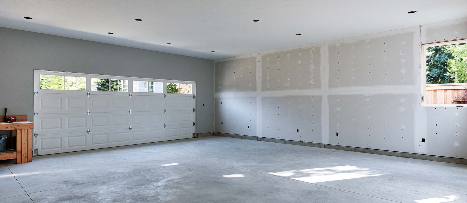 Garage walls and ceiling with drywall joints awaiting further finishing.