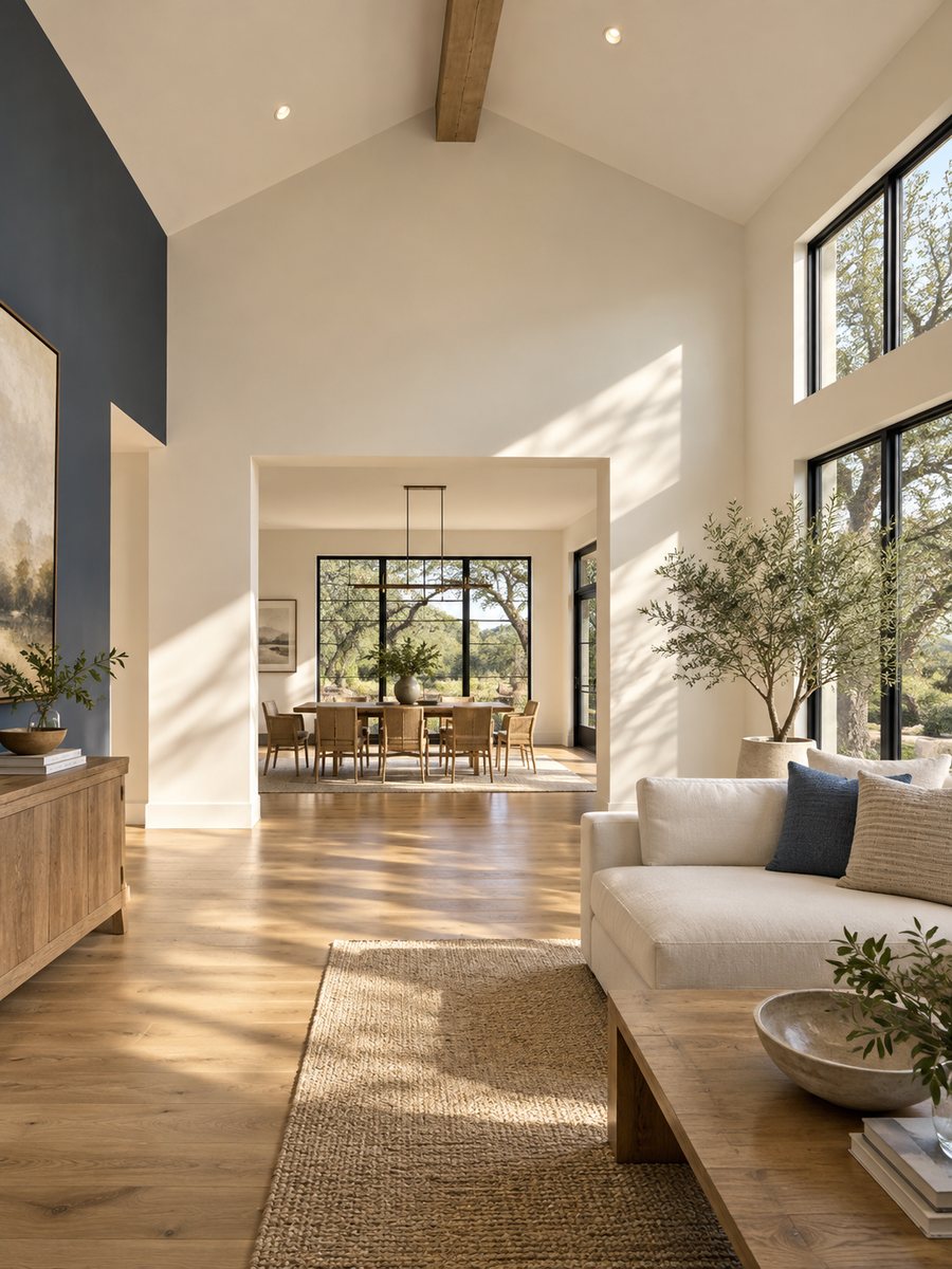 Illustrative renovated living room with smooth white walls, a blue accent wall and sunlit ceiling.