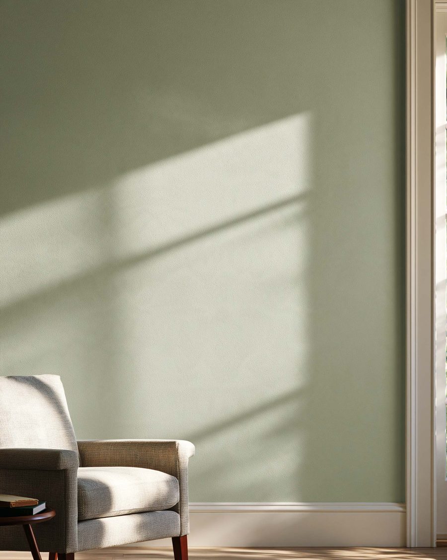 Sage painted wall with fine texture beside an armchair and a sunlit window.