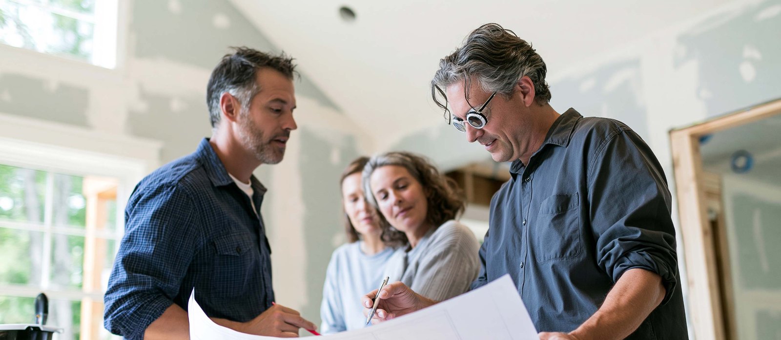 Three people reviewing paperwork inside a home under construction.