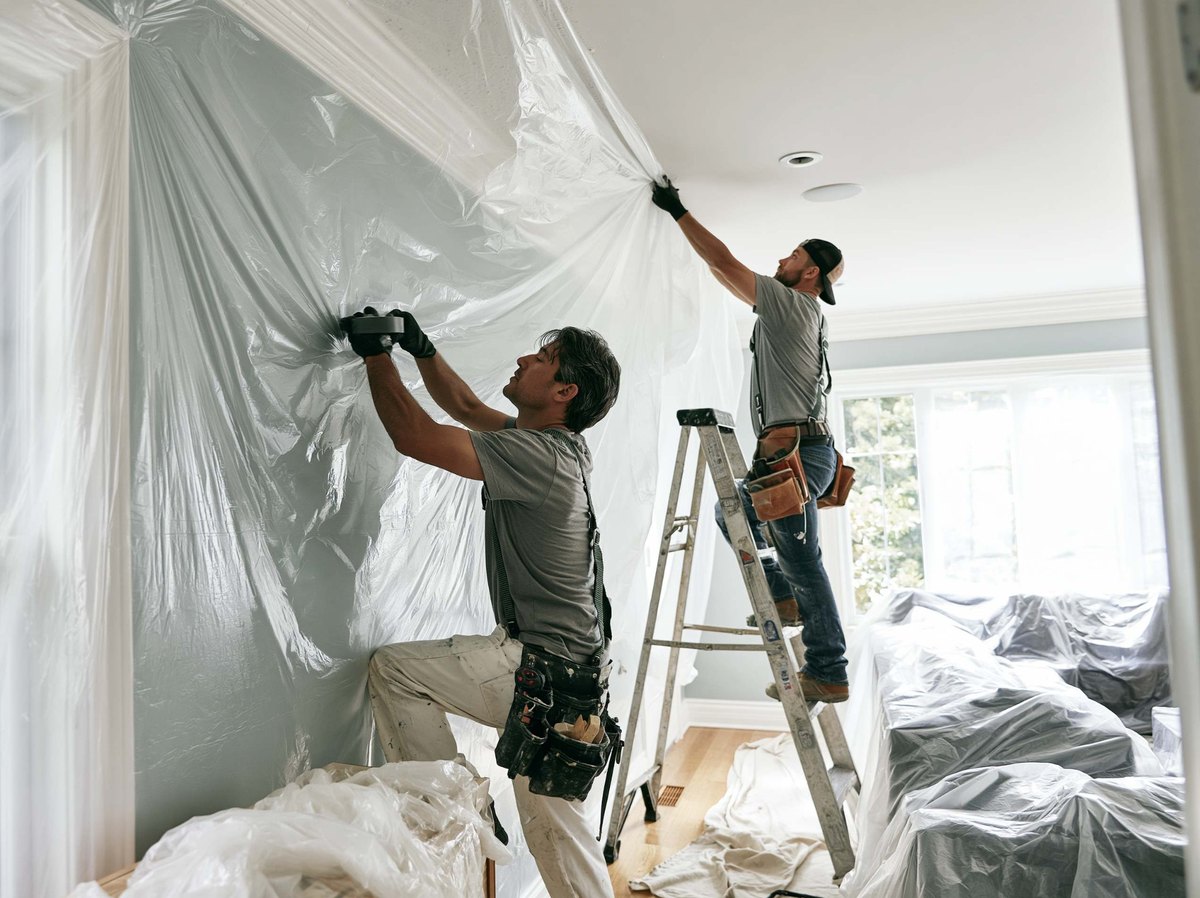 Workers hanging protective plastic around a room before ceiling work.