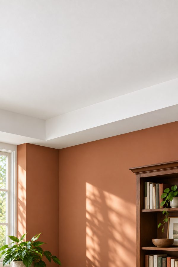 Smooth white ceiling above terracotta walls, with daylight beside a wooden bookcase.