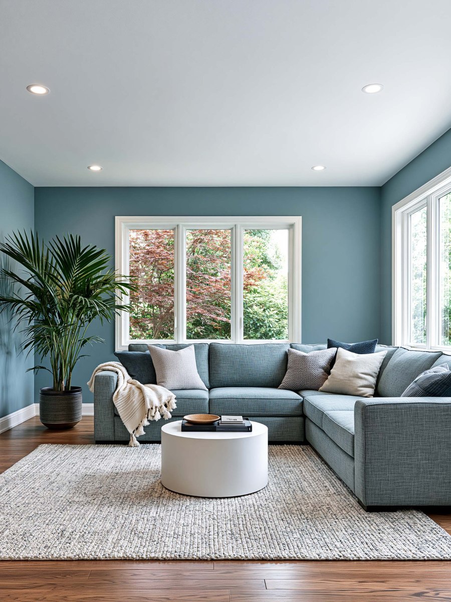 A living room with a smooth white ceiling, recessed lights and blue walls.