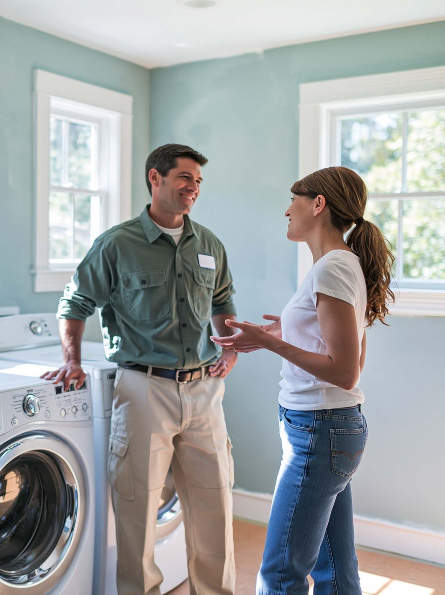 Two people discussing wall repairs beside laundry appliances.
