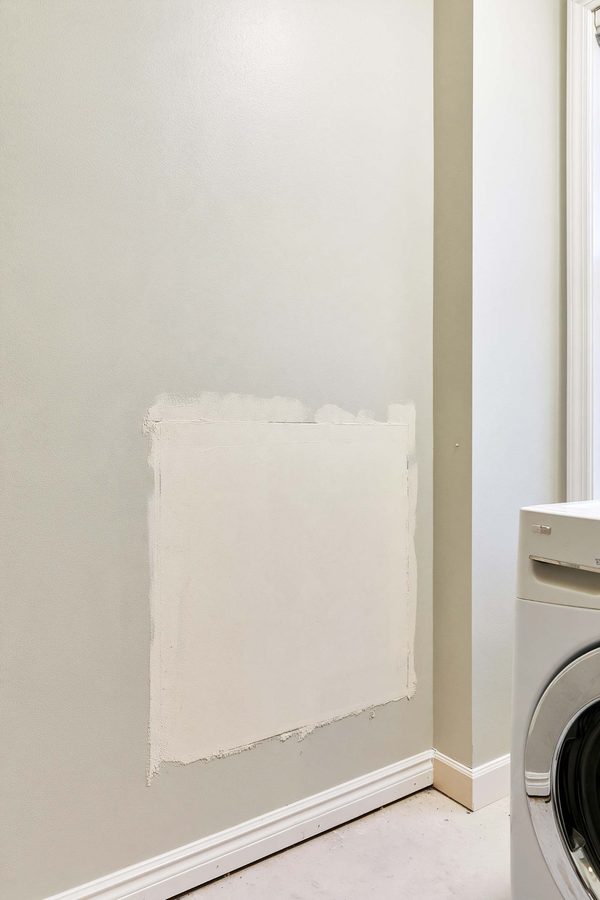 Unfinished drywall patch beside a laundry appliance in a dry utility room.